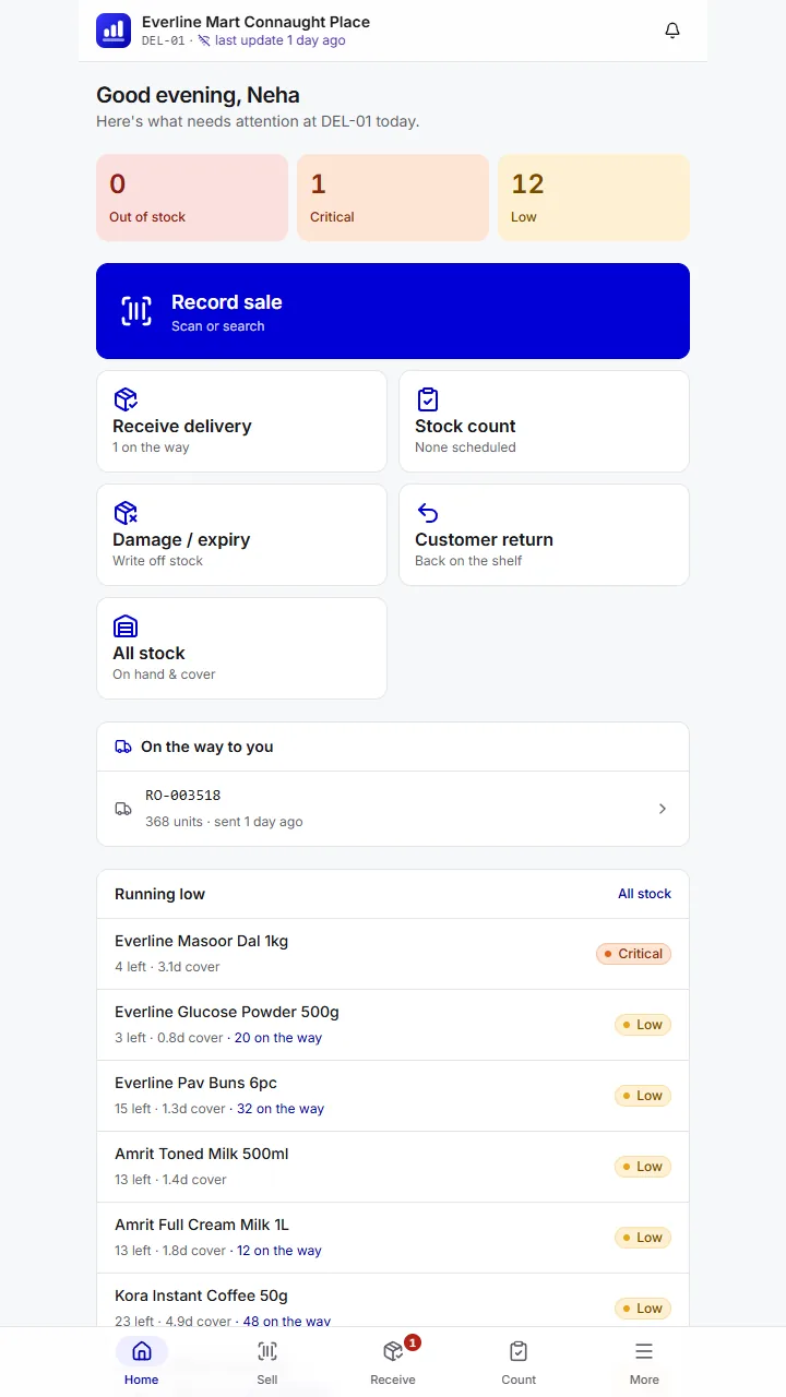 The mobile outlet portal showing quick entry for sales, receipts, counts and returns